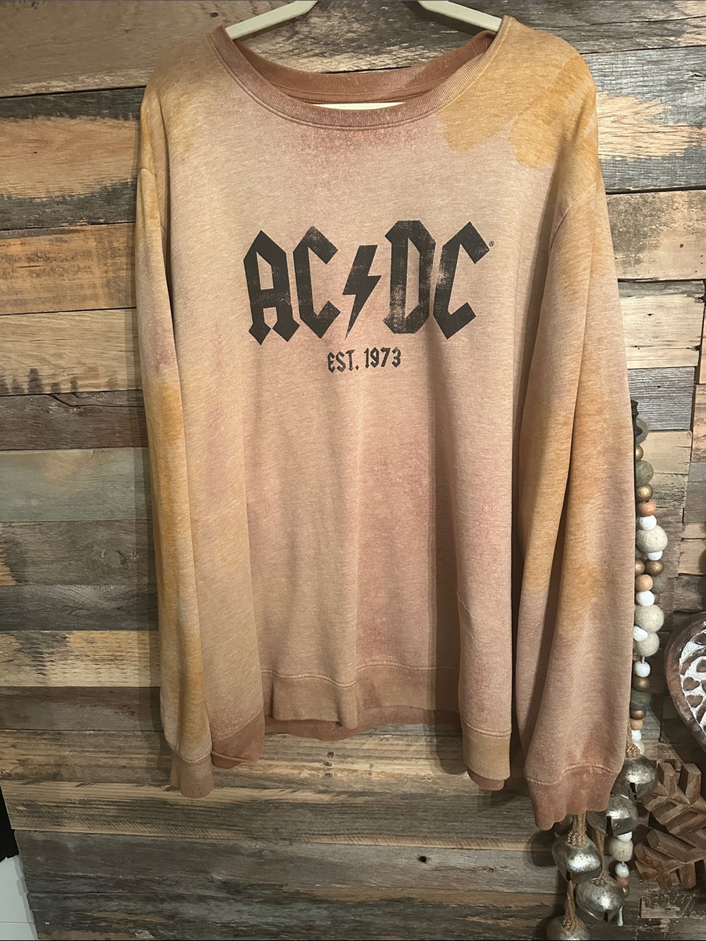 AC/DC Crewneck Sweater in Faded Tan and Gold Wash